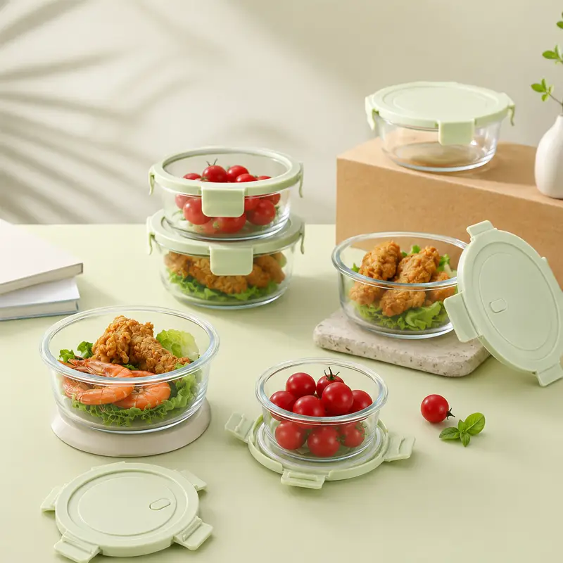 Round glass food container with lid in a kitchen setting